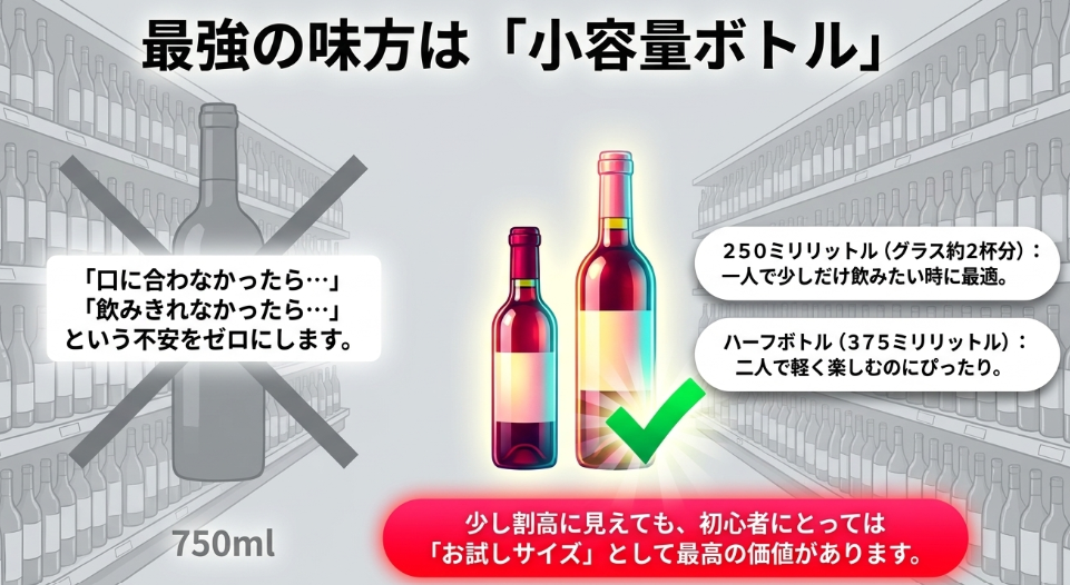 750mlではなく250mlやハーフボトルを選ぶことで、ワイン初心者が飲み切りやすく失敗を減らせることを示したスライド