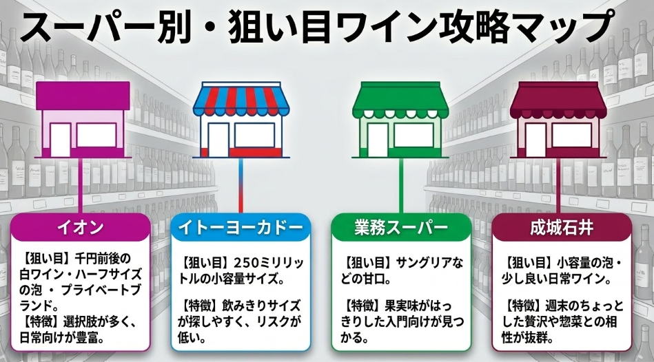 イオン、イトーヨーカドー、業務スーパー、成城石井で初心者が狙いやすいワインの方向性を比較したスライド