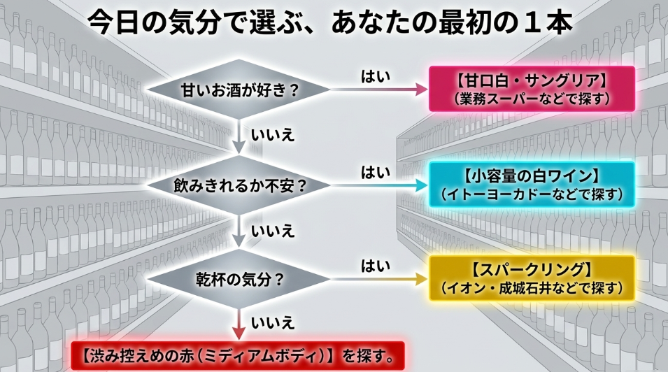 甘いお酒が好きか、飲み切れるか不安か、乾杯の気分かによって、初心者向けワインを選ぶ流れを示したフローチャート