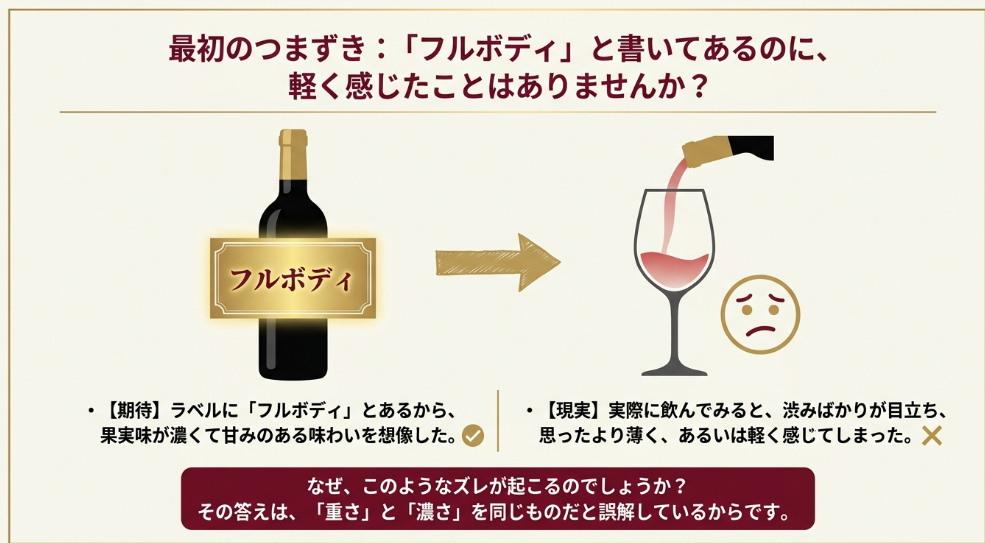 フルボディと書いてある赤ワインでも軽く感じることがある理由を説明したスライド