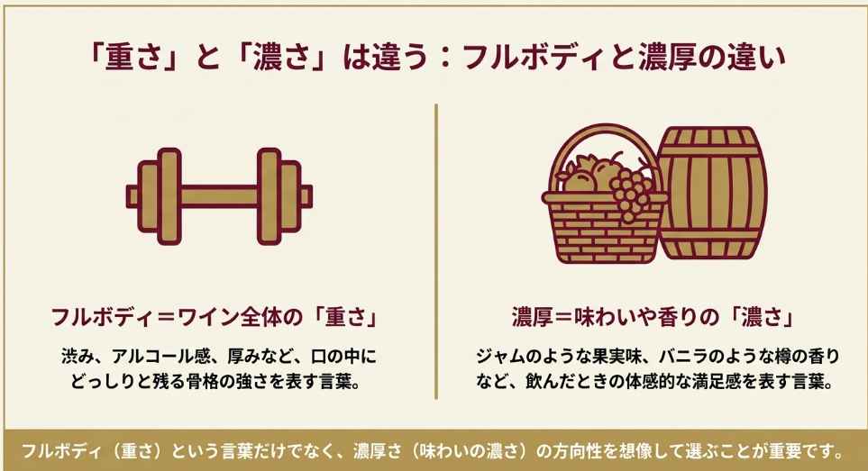 フルボディはワイン全体の重さ、濃厚は味わいや香りの濃さであることを比較したスライド
