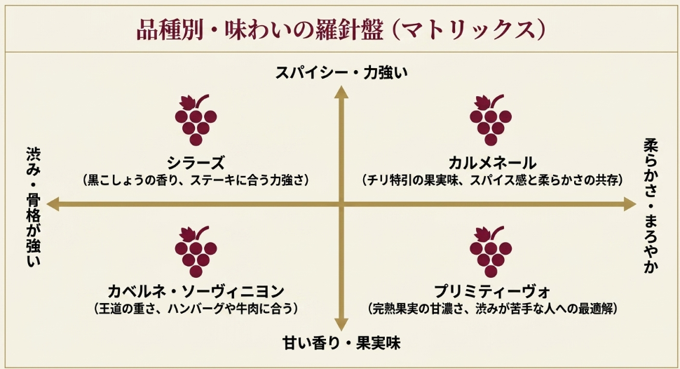 シラーズ、カベルネ、カルメネール、プリミティーヴォの味わいを比較したマトリックス図