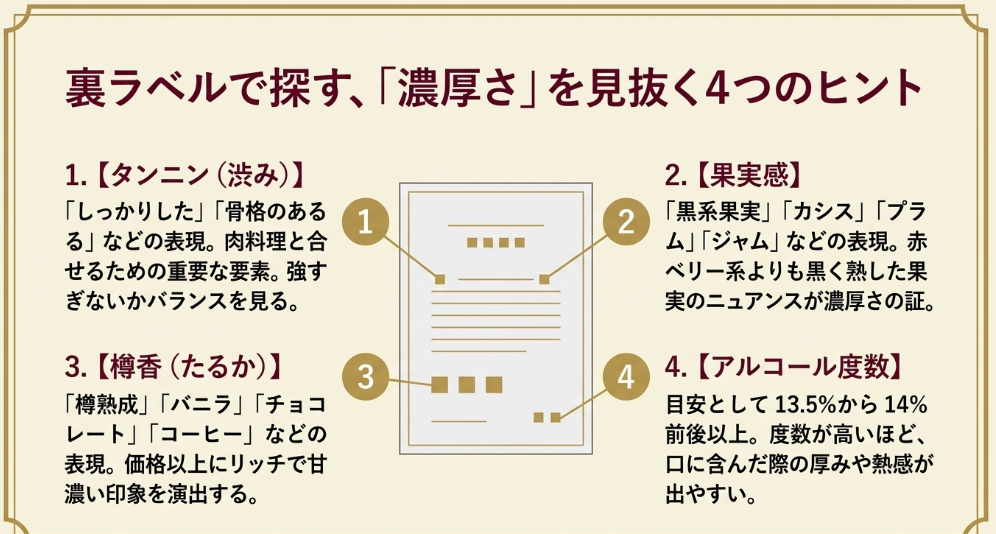 タンニン、果実感、樽香、アルコール度数から濃厚な赤ワインを見抜くポイントを示したスライド