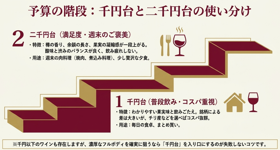 1000円台は普段飲み、2000円台は週末や肉料理向きとして比較したスライド