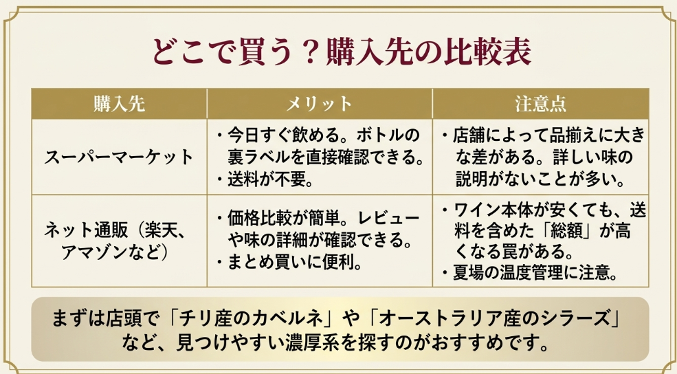 スーパーとネット通販で赤ワインを買うメリットと注意点を比較したスライド