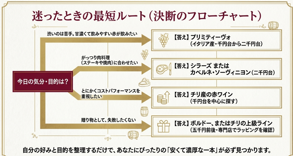 目的別にプリミティーヴォ、シラーズ、カベルネ、チリ赤ワイン、ギフト向けを選ぶ流れを示したスライド