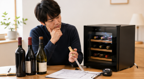 小型ワインセラーのサイズと収納本数を比較する日本人男性