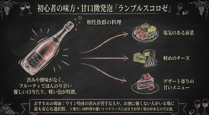 サイゼリヤのランブルスコロゼと塩気のある前菜、軽めのチーズ、甘いメニューの相性