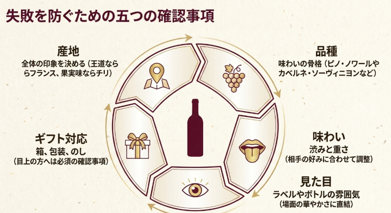 産地、品種、味わい、見た目、ギフト対応の5つを確認する図