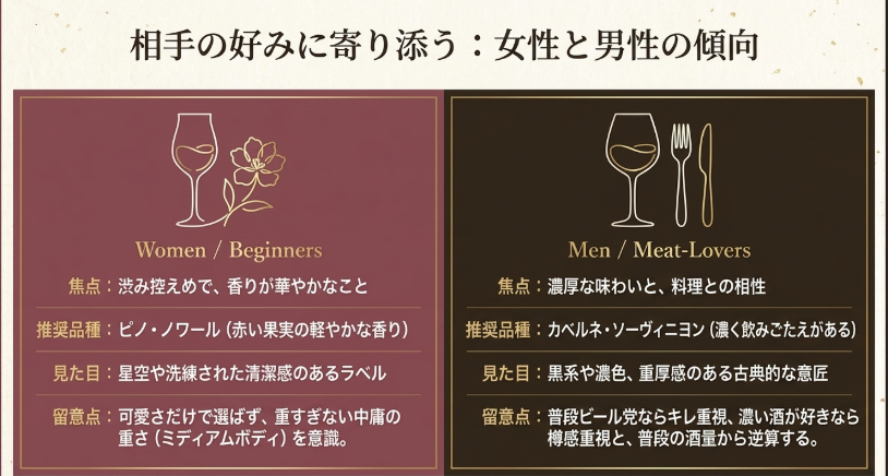 女性や初心者向けと男性や肉料理好き向けの赤ワイン選びを比較した図