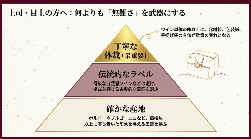 上司や目上の方に赤ワインを贈るときは無難さと丁寧な体裁が大切だと示す図