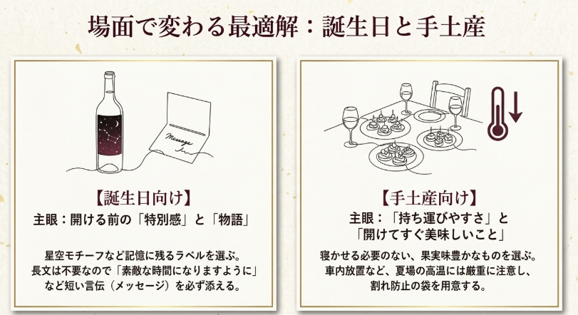 誕生日向けと手土産向けで赤ワインの選び方が変わることを示す図