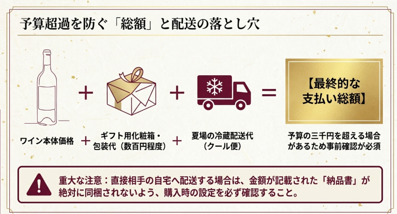 ワイン本体価格に包装代やクール便代が加わり総額が変わることを示す図