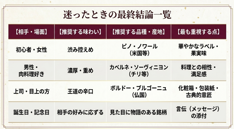 相手や場面別におすすめの味わい、品種、重視点をまとめた一覧表