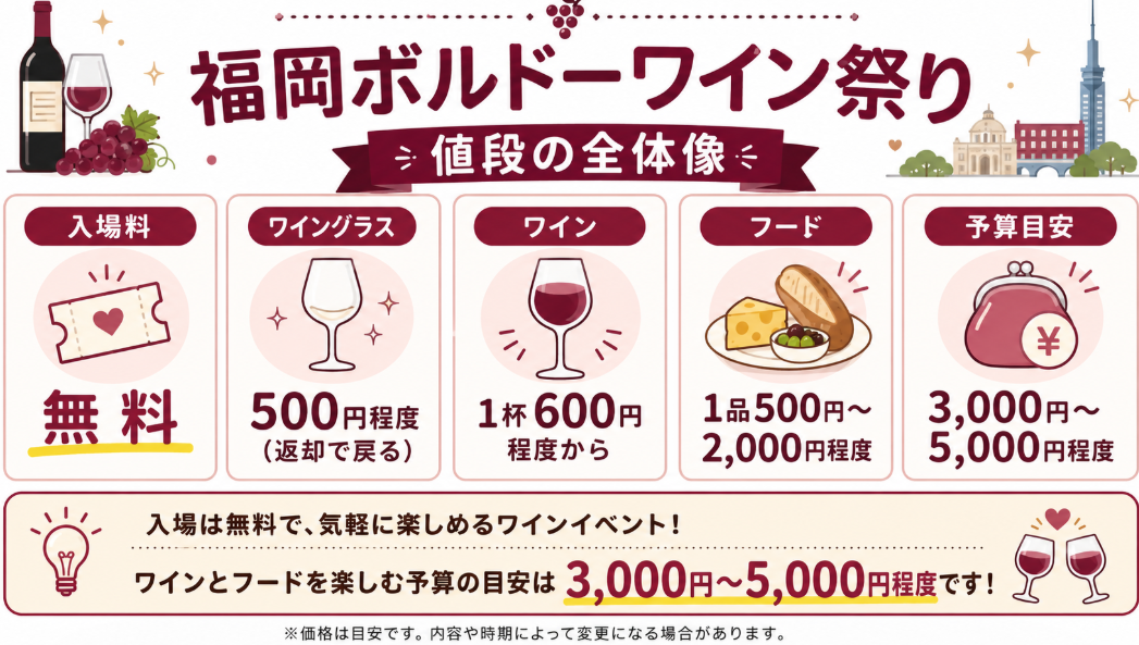 福岡ボルドーワイン祭りの入場料、ワイングラス代、ワイン価格、フード料金、予算目安をまとめた図