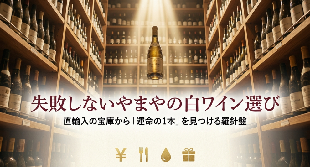 「失敗しないやまやの白ワイン選び」というタイトルと羅針盤のイラスト。直輸入の宝庫から運命の1本を見つけるガイド。