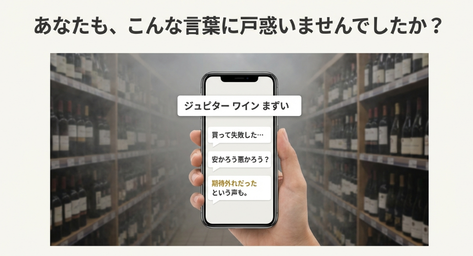 スマホの検索画面に「ジュピター ワイン まずい」「買って失敗した」と表示されているイメージ画像
