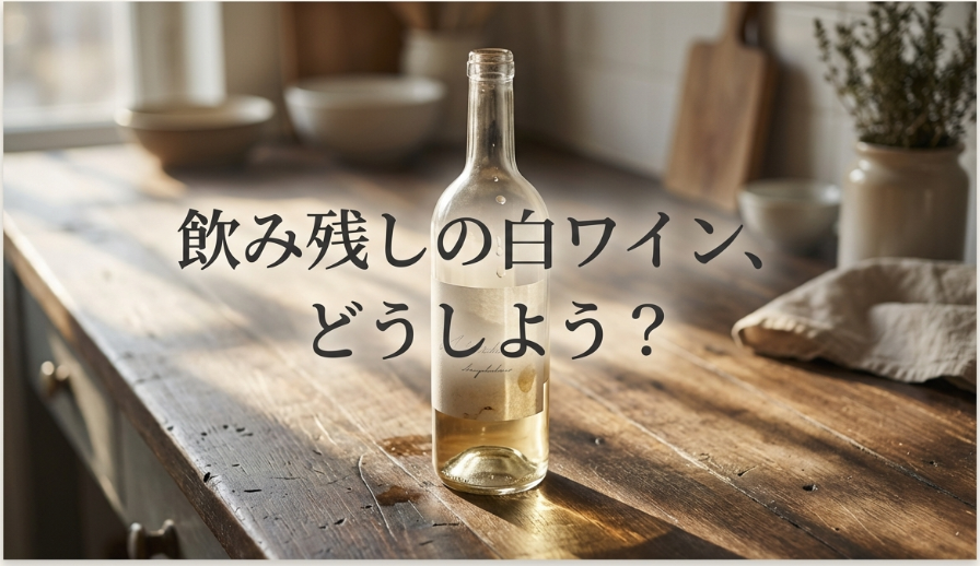 テーブルに置かれた飲み残しの白ワインボトル