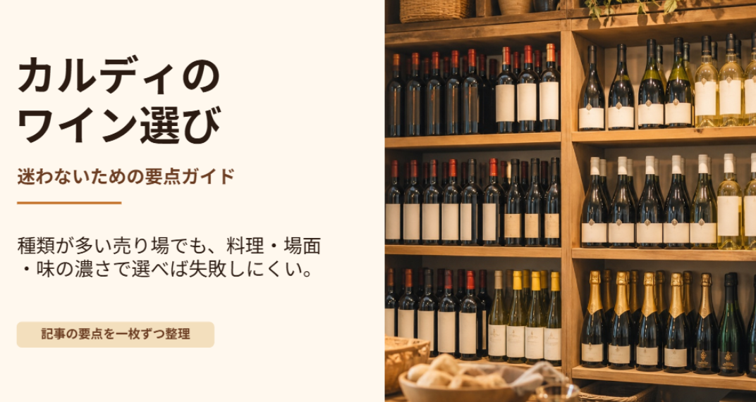 カルディのワイン選びで迷わないために、料理・場面・味の濃さを基準に選ぶ要点をまとめたスライド