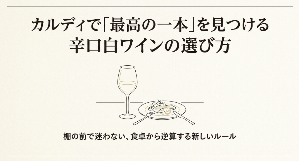 カルディで辛口白ワインを選ぶときは、棚ではなく食卓や料理から逆算すると失敗しにくいことを示したスライド