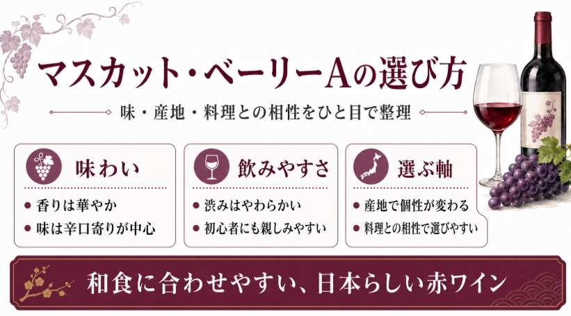 マスカット・ベーリーAの味わい、飲みやすさ、産地や料理との相性を初心者にもわかりやすく整理したスライド