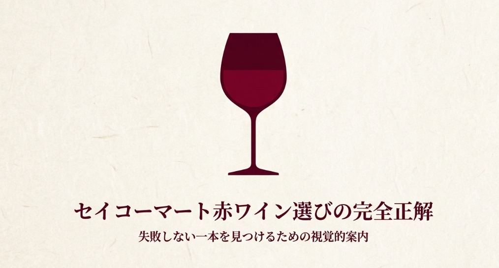 セイコーマートの赤ワイン選びを解説するアイキャッチ画像。ワイングラスのイラスト。
