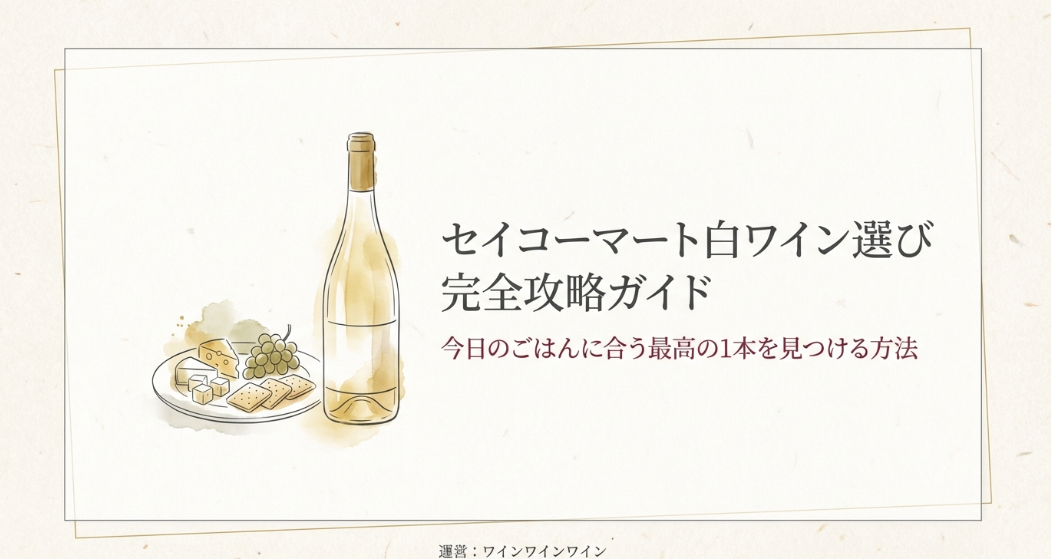 セイコーマートの白ワイン選び完全攻略ガイドの表紙スライド。今日のごはんに合う最高の1本を見つける方法を紹介