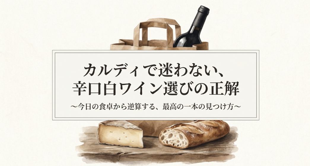 カルディで迷わない辛口白ワイン選びをテーマに、ワイン、チーズ、パンが描かれた表紙スライド