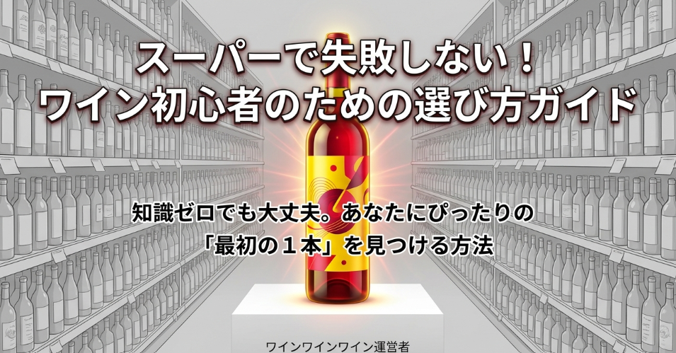スーパーのワイン棚を背景に、ワイン初心者が最初の1本を見つけるための選び方ガイドを示したスライド
