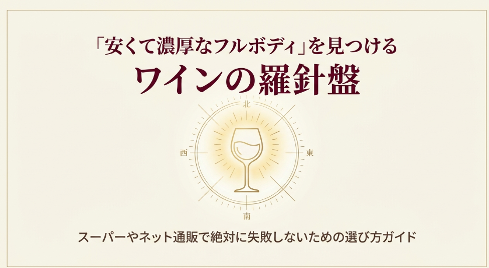 安くて濃厚なフルボディ赤ワインを見つけるための選び方を示した記事導入用スライド